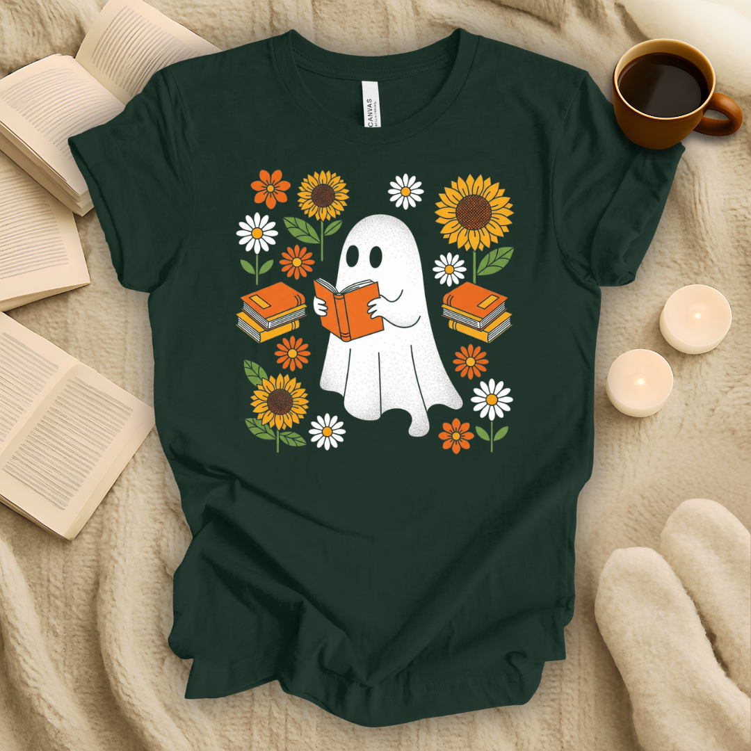 Ghost, Books, and Flowers Halloween T-Shirt