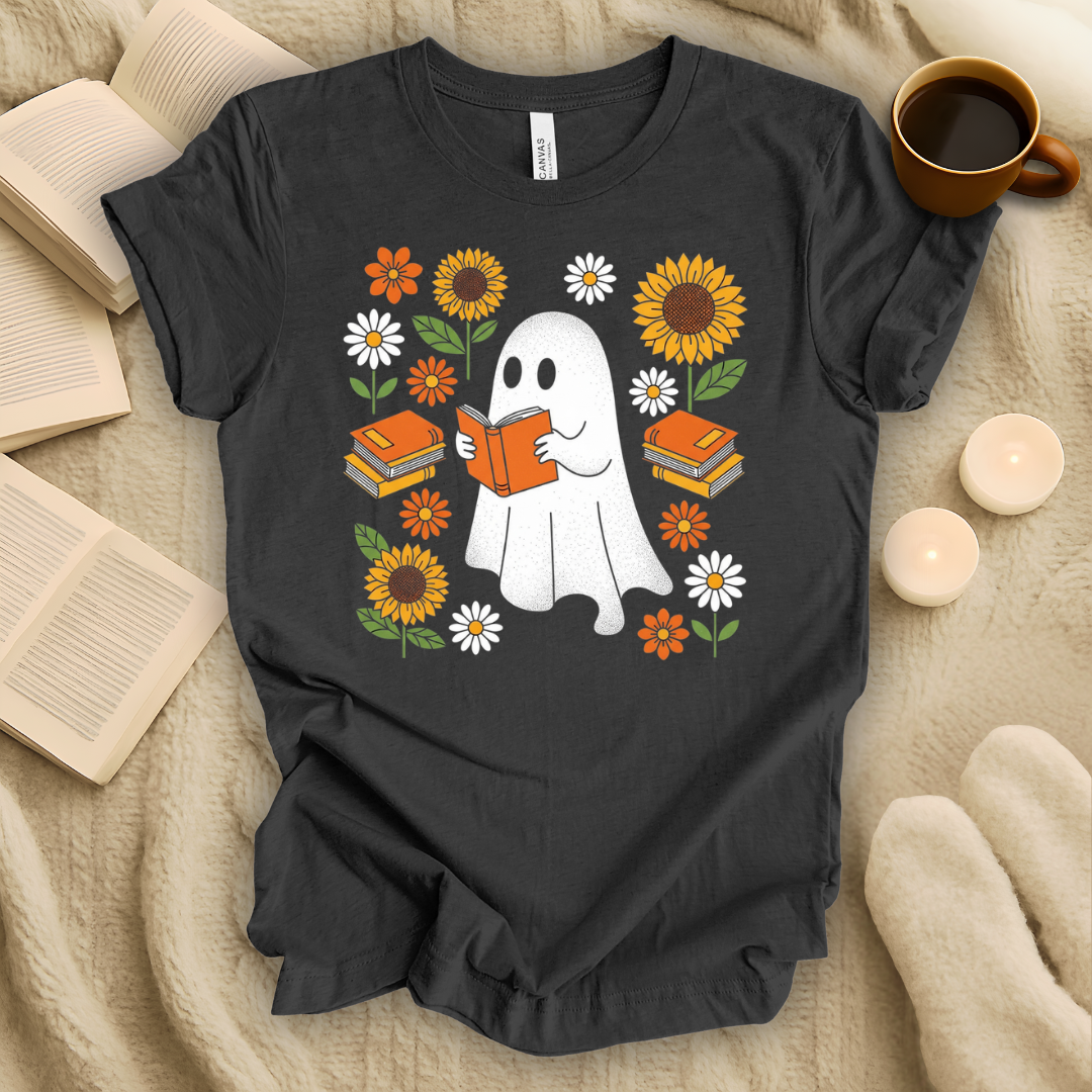 Ghost, Books, and Flowers Halloween T-Shirt
