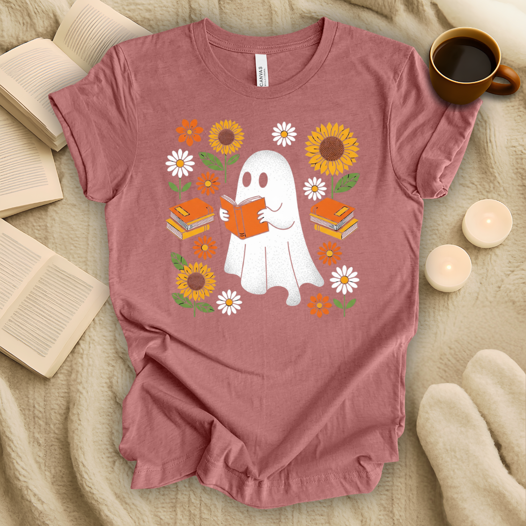 Ghost, Books, and Flowers Halloween T-Shirt