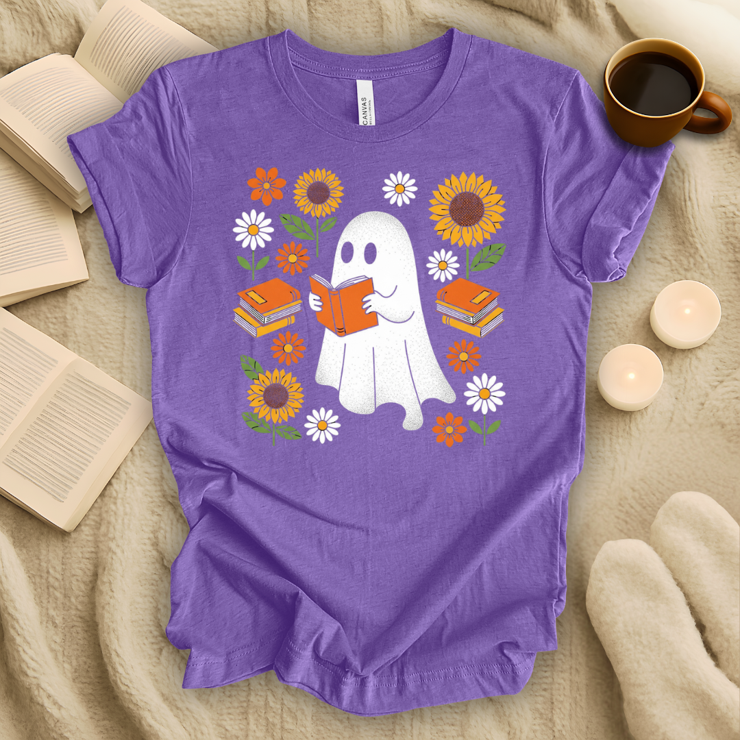 Ghost, Books, and Flowers Halloween T-Shirt