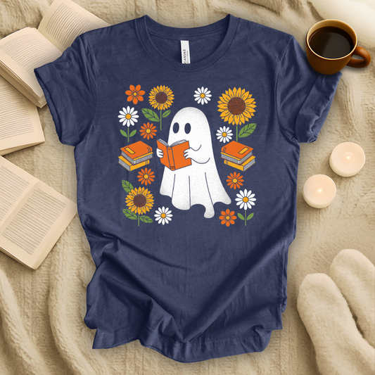 Ghost, Books, and Flowers Halloween T-Shirt